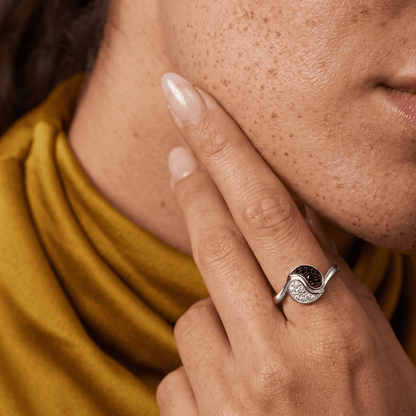 Black Spinel White Zircon Ring - Yin Yang