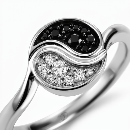 Black Spinel White Zircon Ring - Yin Yang